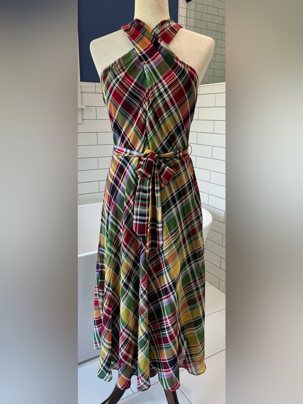 Lauren Ralph Lauren One-Shoulder Plaid Midi Dress in Green, Yellow and Red - Picture 7 of 10